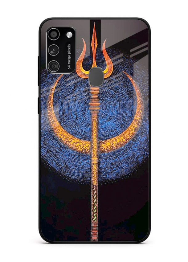 Neon trishul glowing cosmic art Samsung M30s spiritual modern glass cover