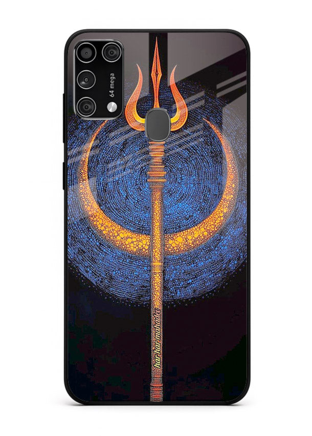 Neon trishul glowing cosmic art Samsung M31 Prime spiritual modern glass cover