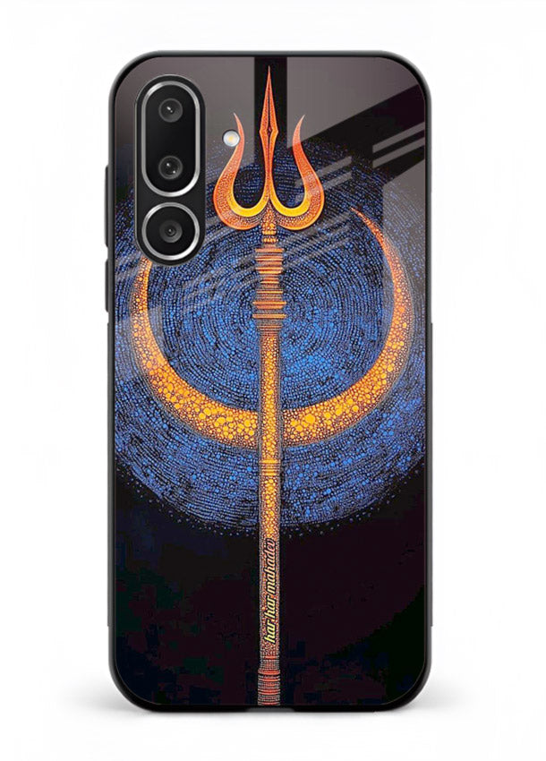 Neon trishul glowing cosmic art Samsung M56 5G spiritual modern glass cover