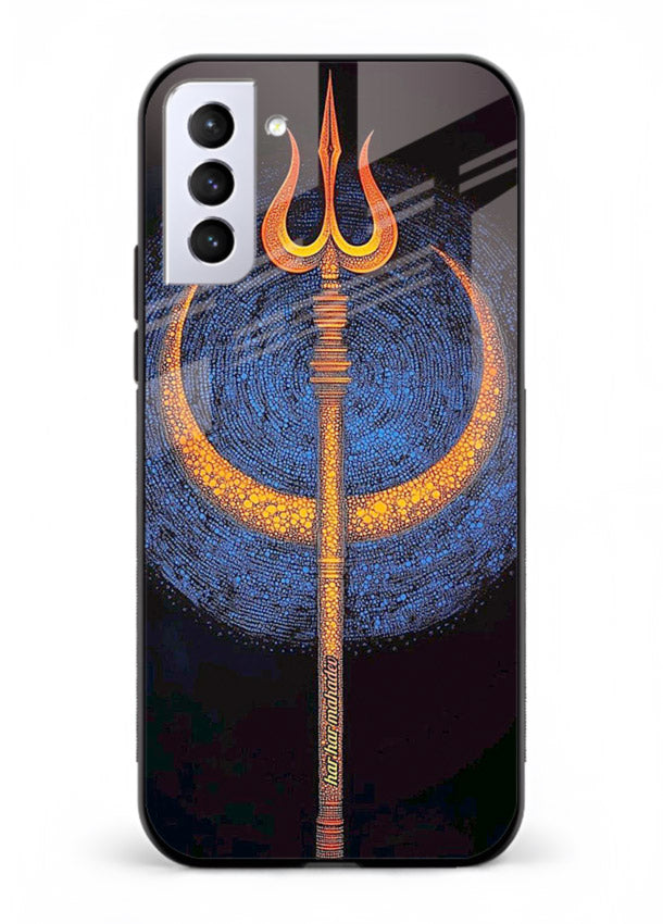 Neon trishul glowing cosmic art Samsung S21 Plus spiritual modern glass cover