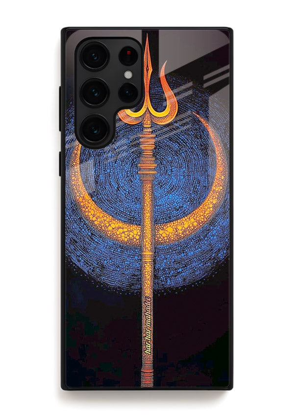 Neon trishul glowing cosmic art Samsung S25 Ultra spiritual modern glass cover