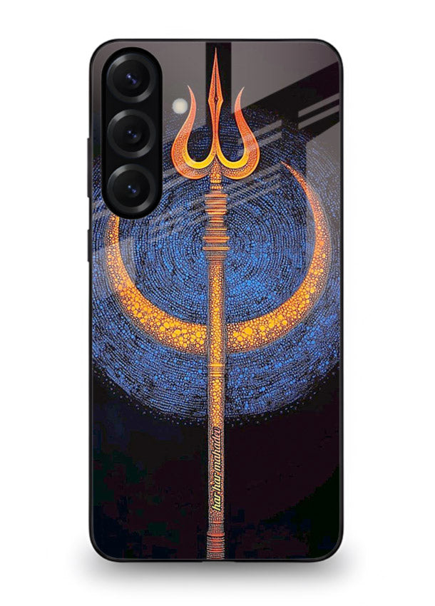 Neon trishul glowing cosmic art Samsung M35 5G spiritual modern glass cover