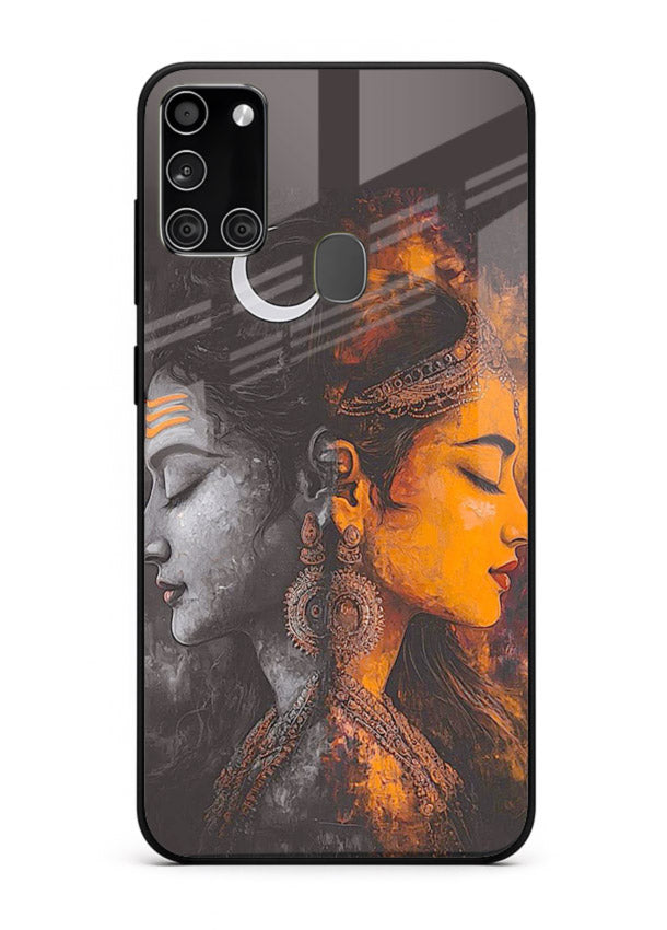 Shiva Parvati moon artwork Samsung A21s glass back cover