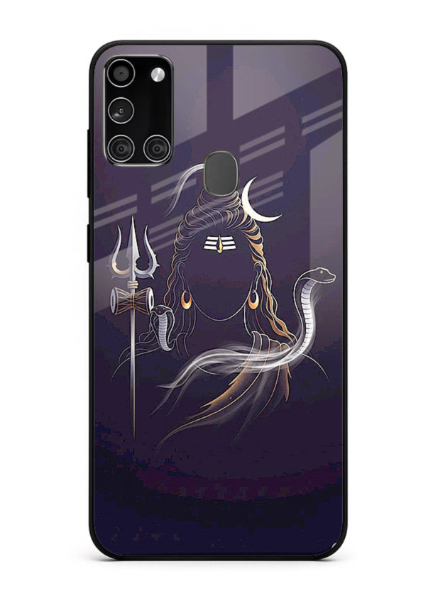Shiva trishul dark power art Samsung A21s bold devotional glass case