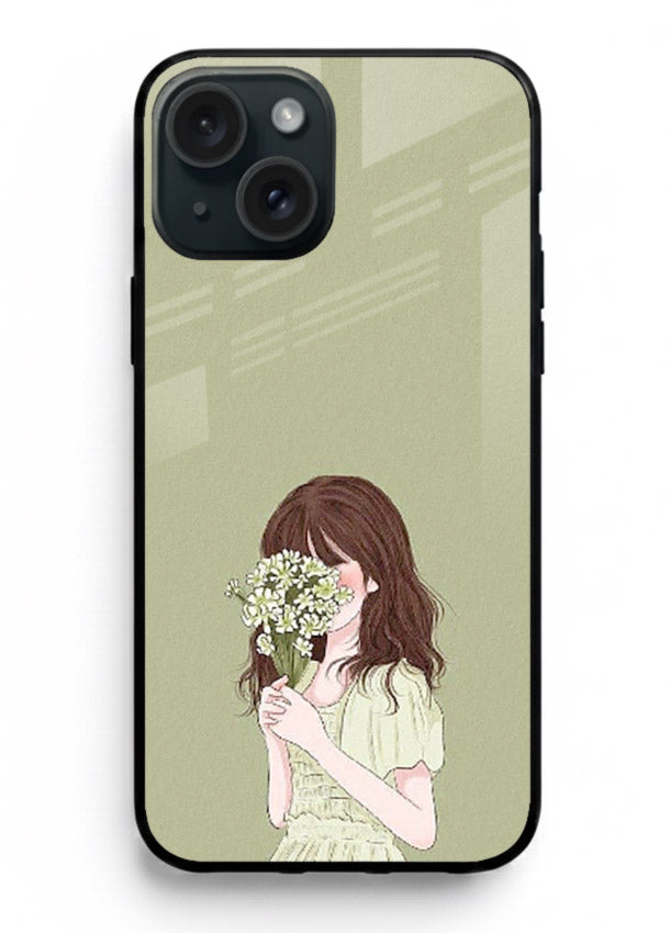 Shy Flower Girl soft floral artwork iphone 13 mini glass back cover