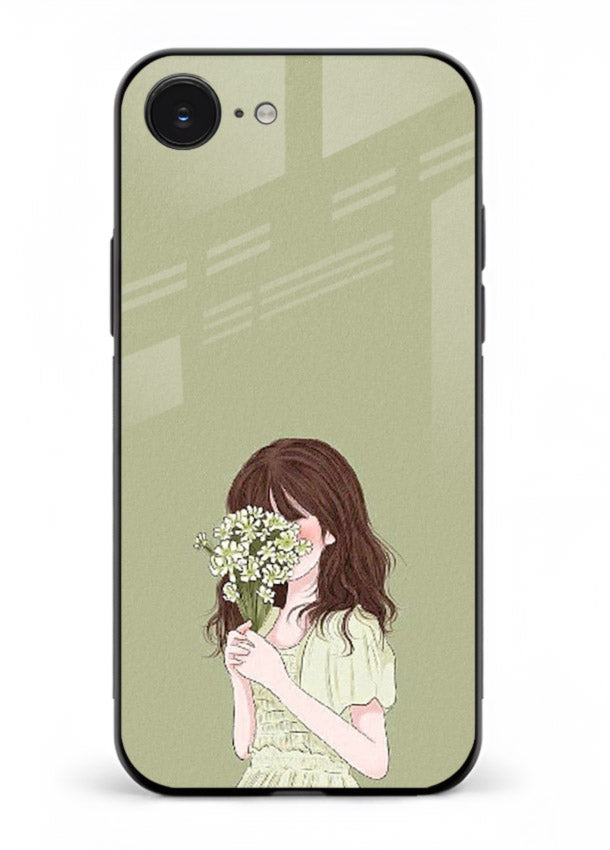 Shy Flower Girl soft floral artwork iphone 16e glass back cover