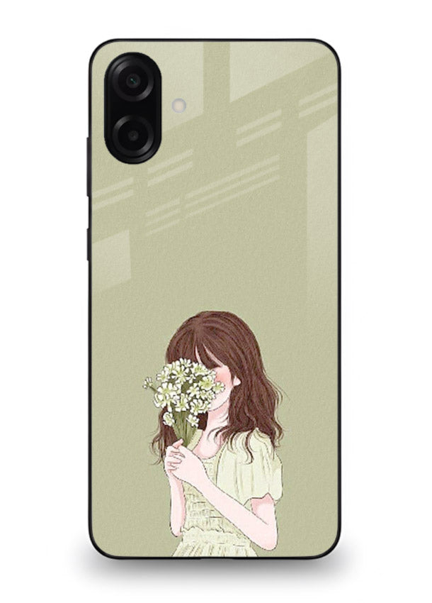 Shy Flower Girl soft floral artwork Samsung A06 5G glass back cover
