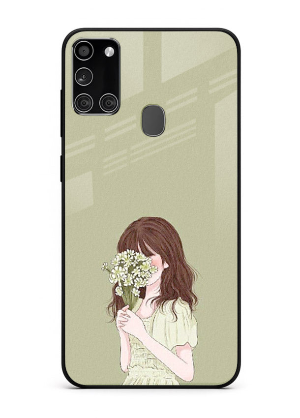 Shy Flower Girl soft floral artwork Samsung A21s glass back cover
