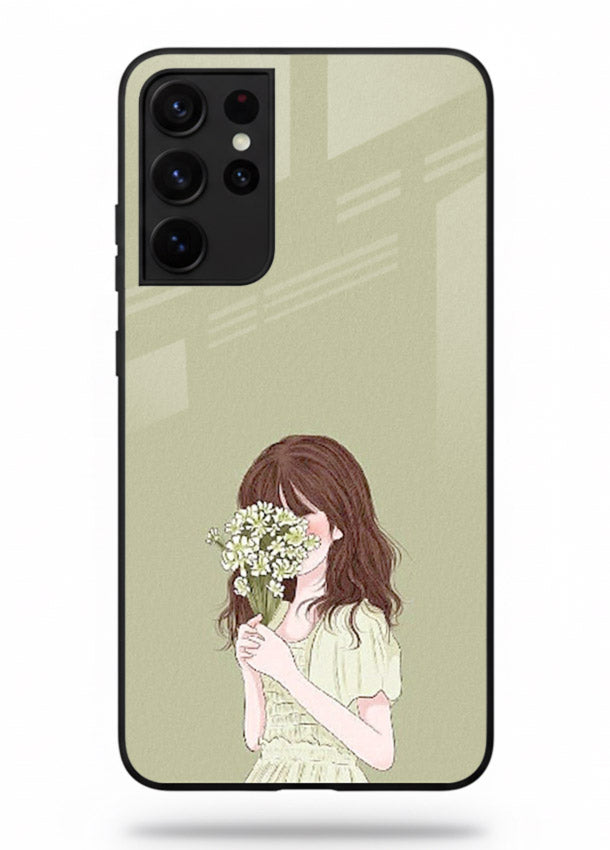 Shy Flower Girl soft floral artwork Samsung S21 Ultra glass back cover