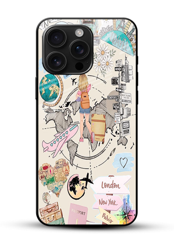 Sitting On Globe illustration glossy vibrant premium glass back cover - Angle Front