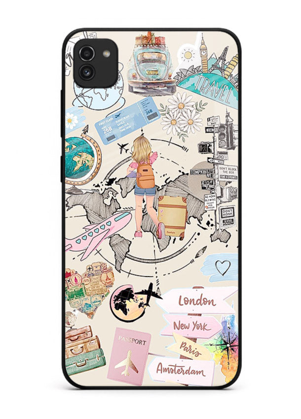 Sitting On Globe illustration Samsung A03 glass back cover