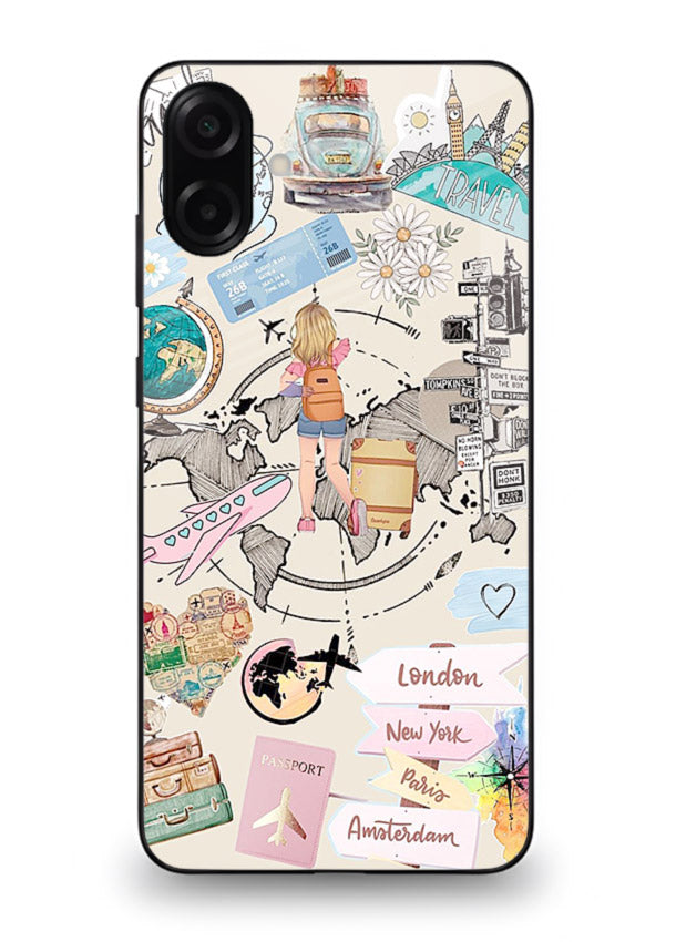 Sitting On Globe illustration Samsung A07 4G glass back cover