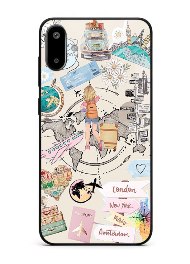 Sitting On Globe illustration Samsung F06 5G glass back cover