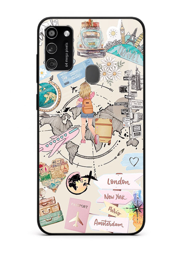 Sitting On Globe illustration Samsung M21 glass back cover