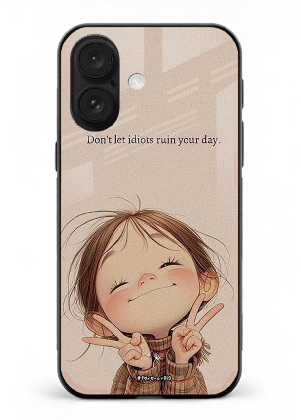 Expressive character artwork printed on iphone 16 glass back cover with joyful tones.