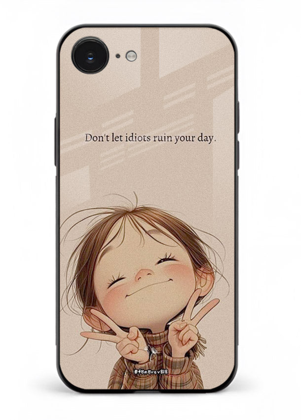 Expressive character artwork printed on iphone 16e glass back cover with joyful tones.