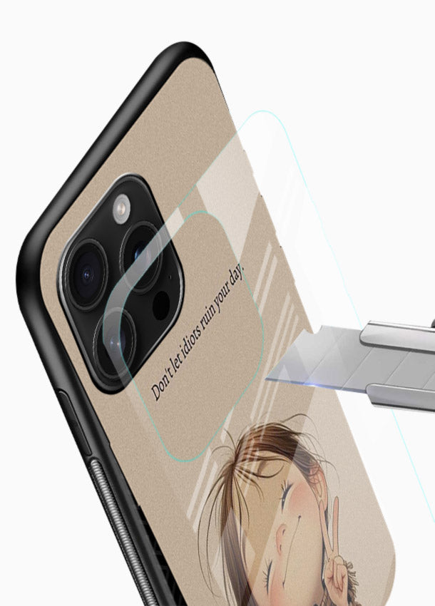 Expressive character artwork printed on glossy vibrant premium glass back cover with joyful tones. - Angle Blade