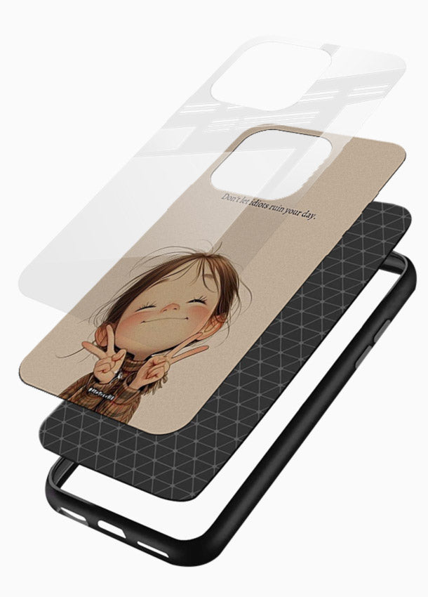 Expressive character artwork printed on glossy vibrant premium glass back cover with joyful tones. - Angle Layers