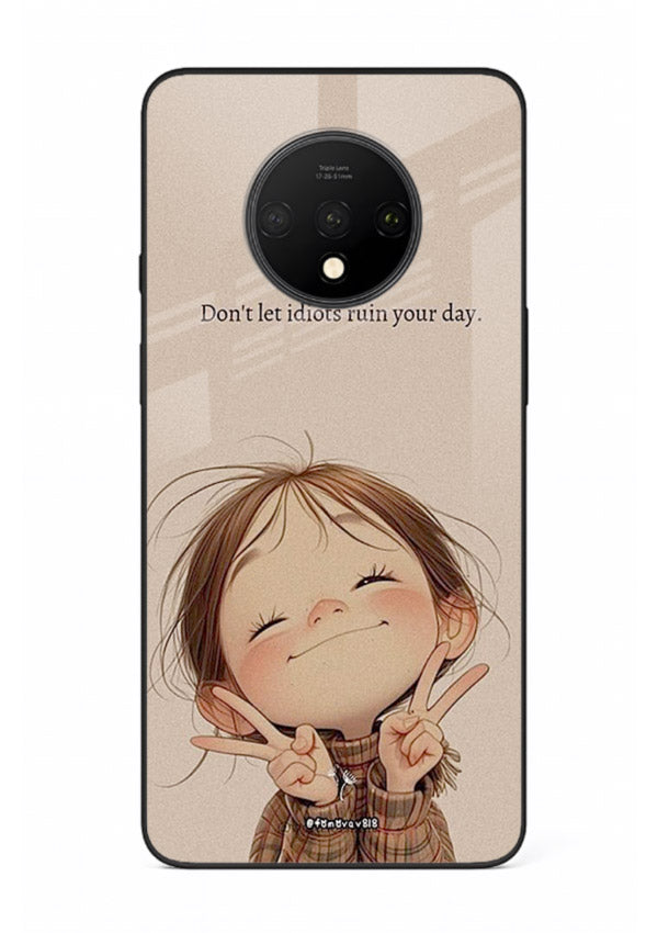 Expressive character artwork printed on OnePlus 7T glass back cover with joyful tones.