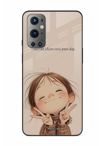 Expressive character artwork printed on OnePlus 9 glass back cover with joyful tones.