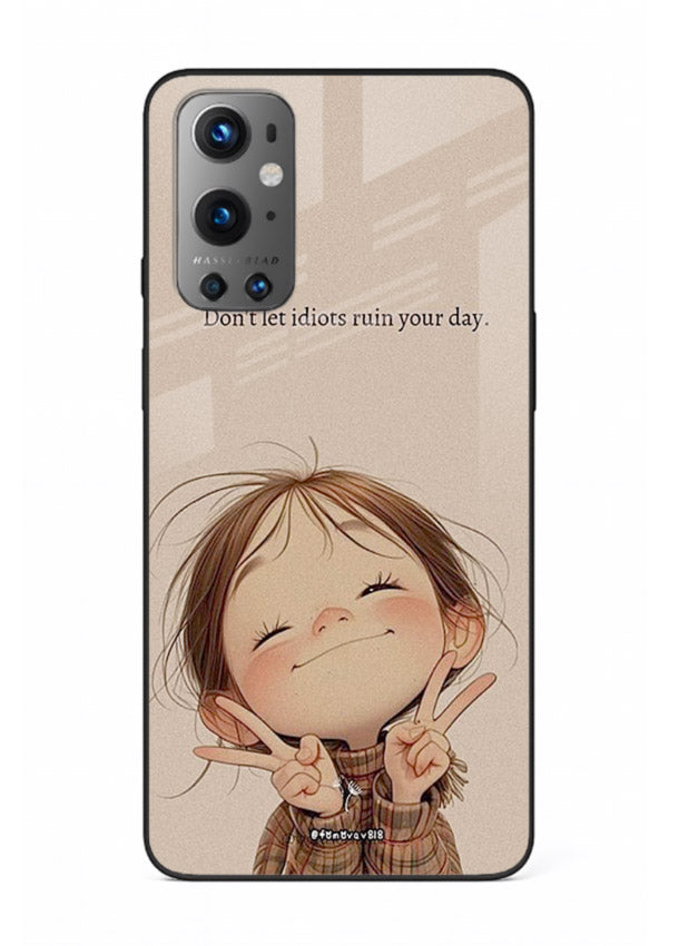Expressive character artwork printed on OnePlus 9 glass back cover with joyful tones.