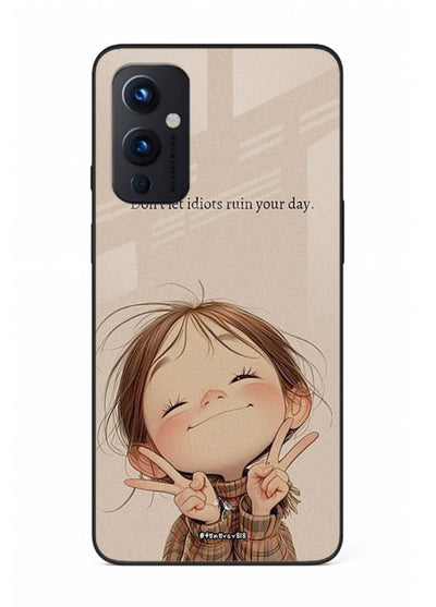Expressive character artwork printed on OnePlus 9 Pro glass back cover with joyful tones.