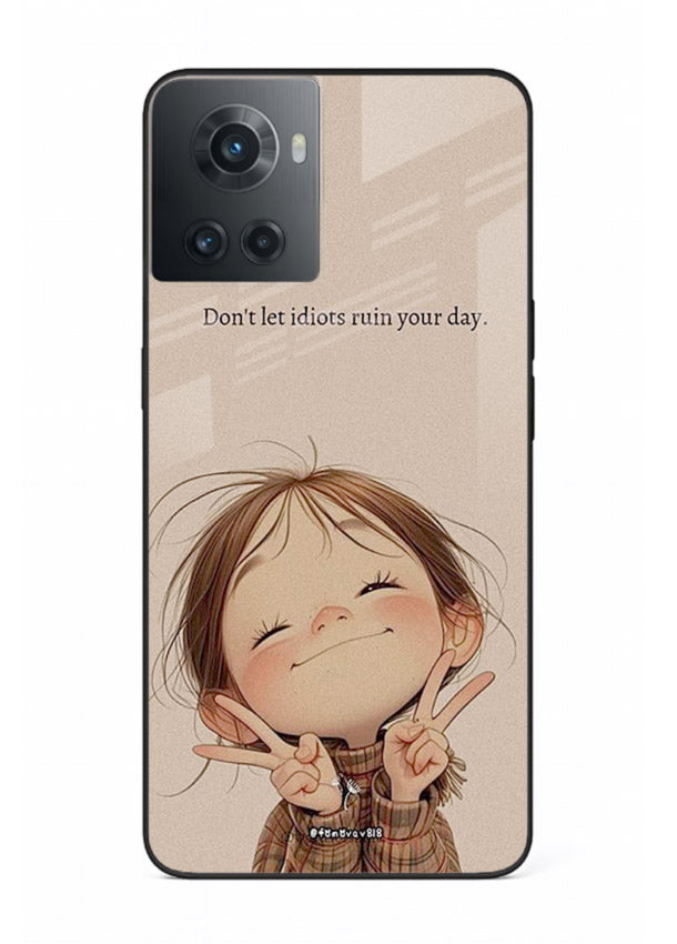 Expressive character artwork printed on OnePlus 10R glass back cover with joyful tones.