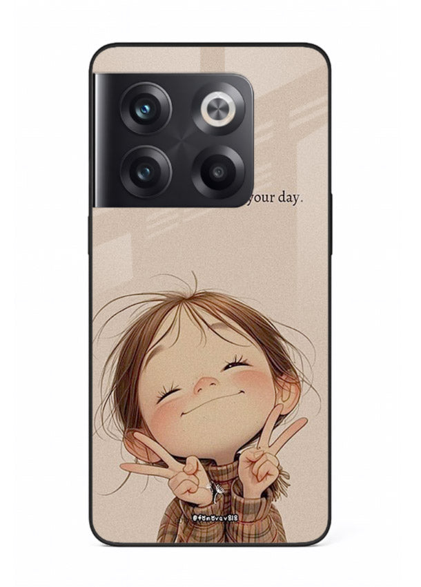 Expressive character artwork printed on OnePlus 10T glass back cover with joyful tones.