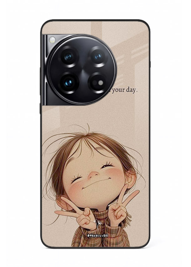 Expressive character artwork printed on OnePlus 12 glass back cover with joyful tones.