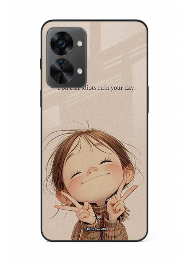 Expressive character artwork printed on OnePlus Nord 2T glass back cover with joyful tones.