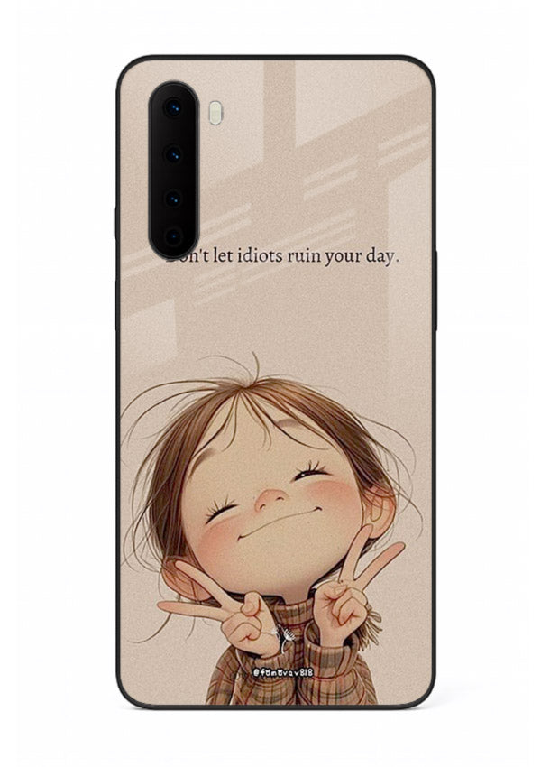Expressive character artwork printed on OnePlus Nord glass back cover with joyful tones.