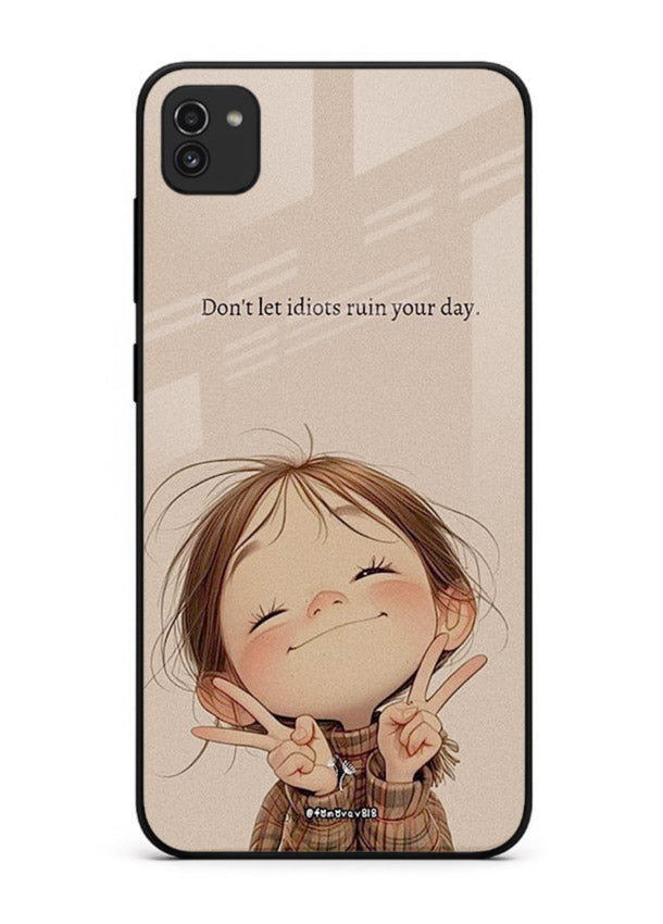 Expressive character artwork printed on Samsung A03 glass back cover with joyful tones.