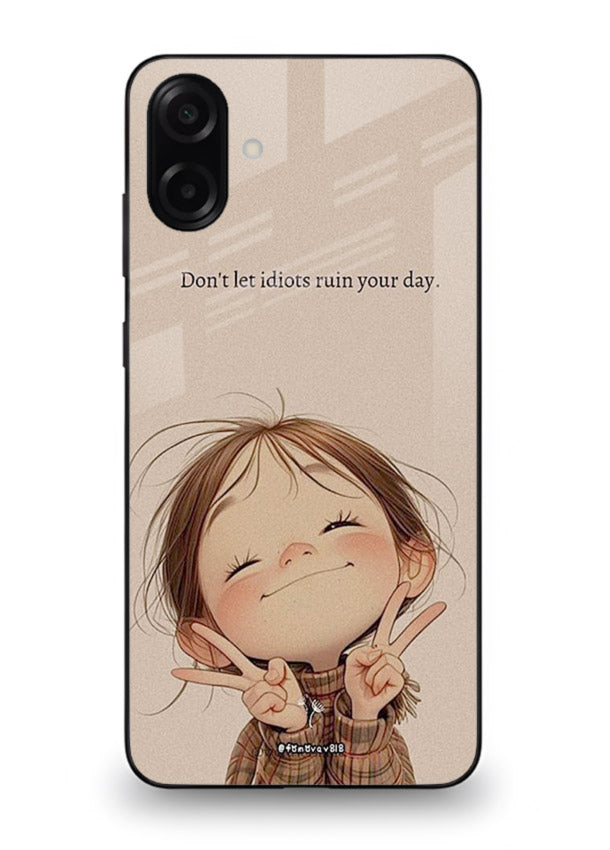 Expressive character artwork printed on Samsung A06 5G glass back cover with joyful tones.