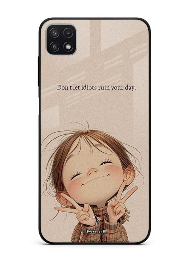 Expressive character artwork printed on Samsung F42 5G glass back cover with joyful tones.