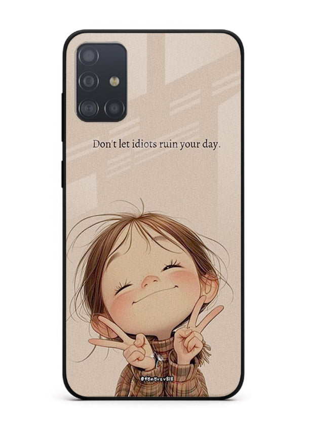 Expressive character artwork printed on Samsung A71 glass back cover with joyful tones.