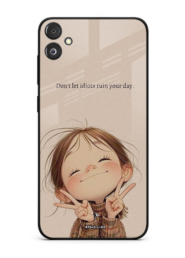 Expressive character artwork printed on Samsung F14 5G glass back cover with joyful tones.