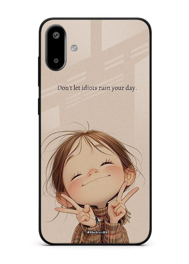 Expressive character artwork printed on Samsung F06 5G glass back cover with joyful tones.