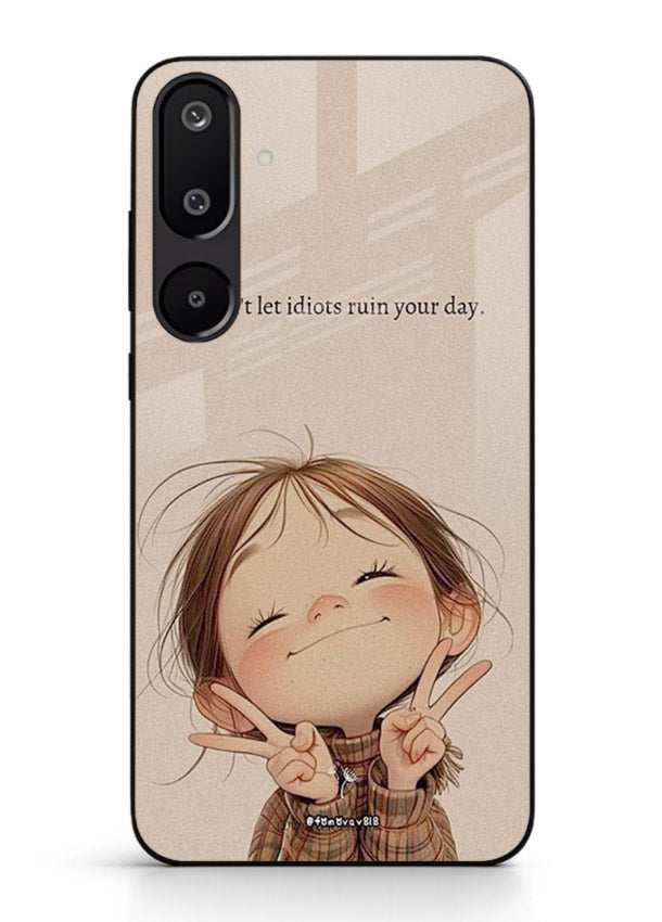 Expressive character artwork printed on Samsung F16 5G glass back cover with joyful tones.