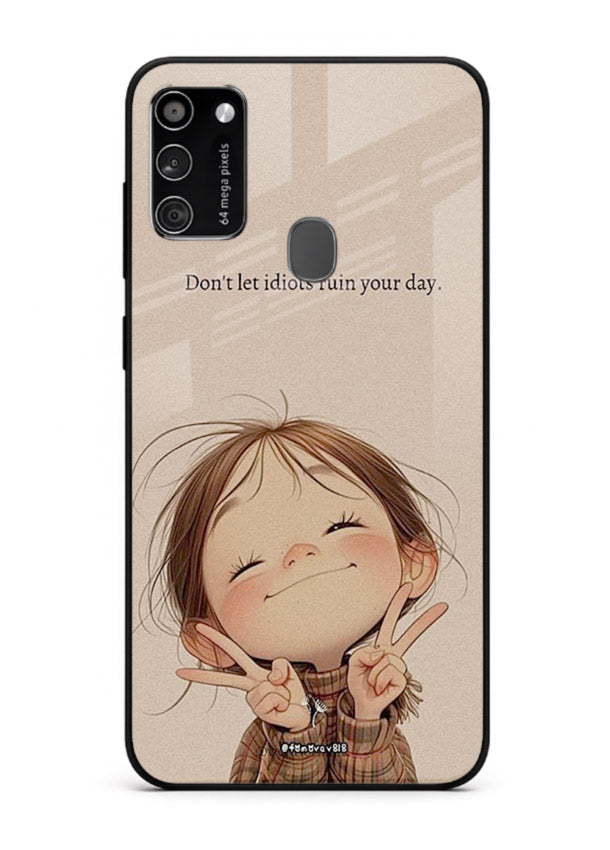Expressive character artwork printed on Samsung M30s glass back cover with joyful tones.