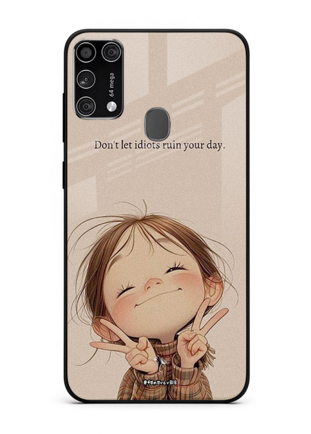 Expressive character artwork printed on Samsung M31 glass back cover with joyful tones.