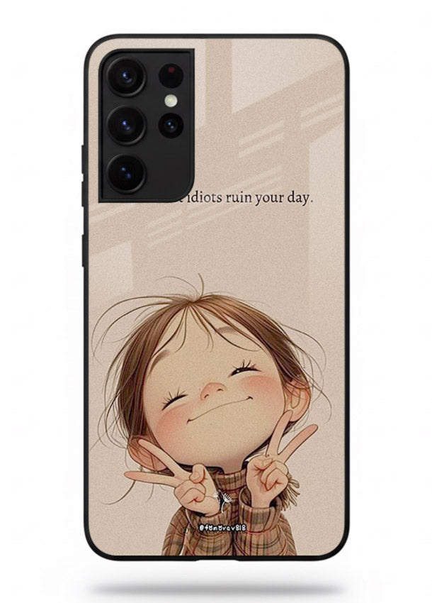 Expressive character artwork printed on Samsung S21 Ultra glass back cover with joyful tones.