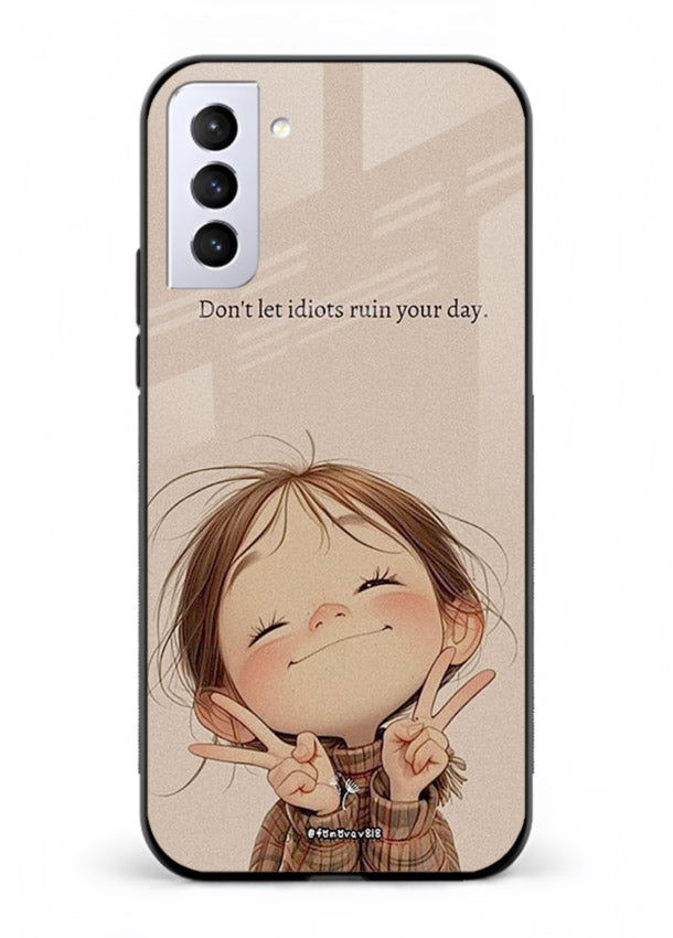 Expressive character artwork printed on Samsung S21 FE glass back cover with joyful tones.