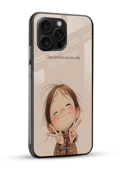 Expressive character artwork printed on glossy vibrant premium glass back cover with joyful tones. - Angle Side