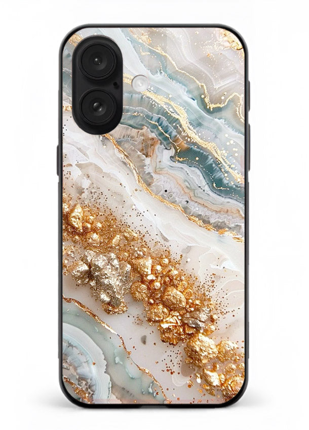 Smoky Gold Burst iphone 18 glass back cover with smoky marble and gold bursts