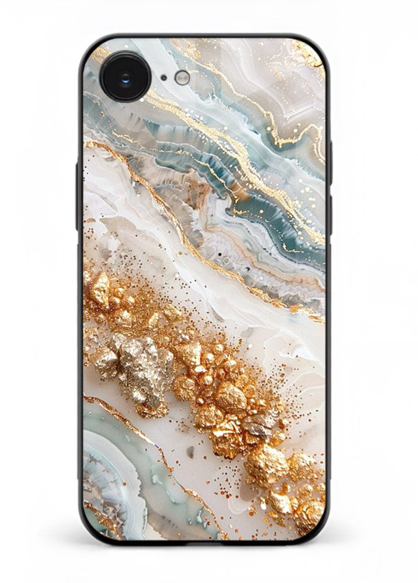 Smoky Gold Burst iphone 16e glass back cover with smoky marble and gold bursts