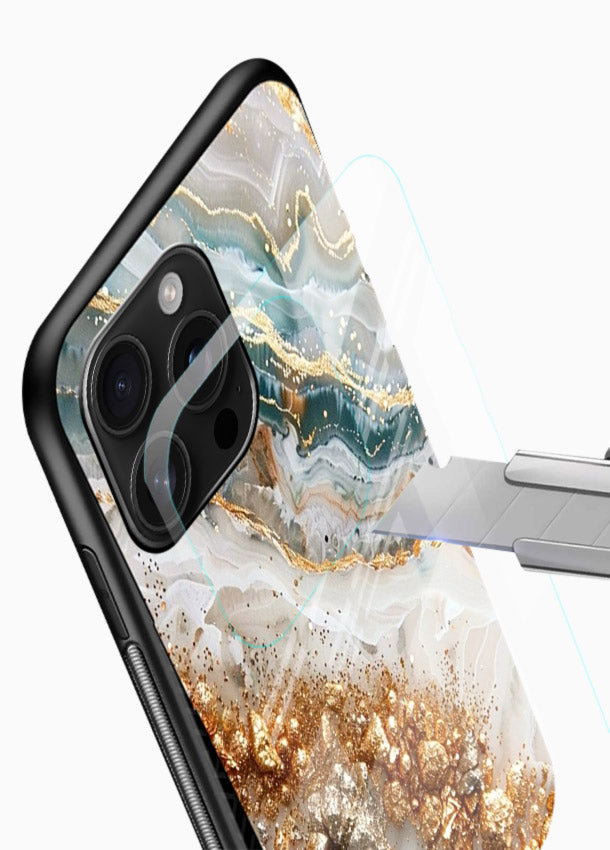 Smoky Gold Burst glossy vibrant premium glass back cover with smoky marble and gold bursts - Angle Blade