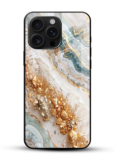 Smoky Gold Burst glossy vibrant premium glass back cover with smoky marble and gold bursts - Angle Front