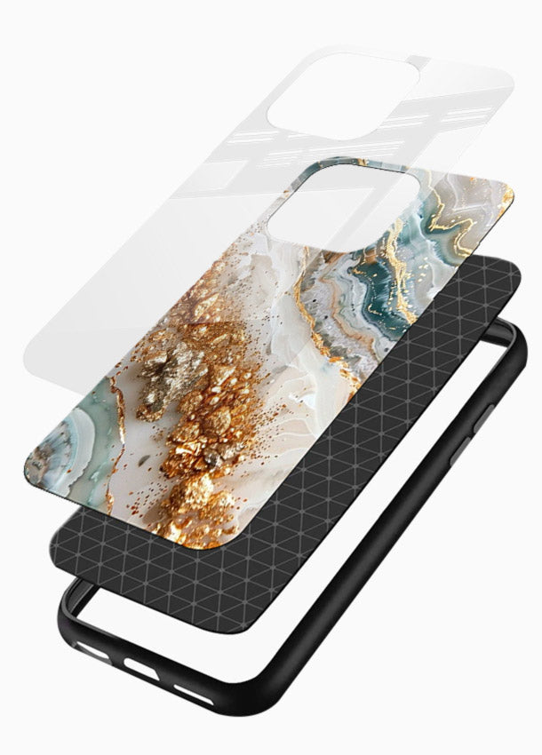 Smoky Gold Burst glossy vibrant premium glass back cover with smoky marble and gold bursts - Angle Layers