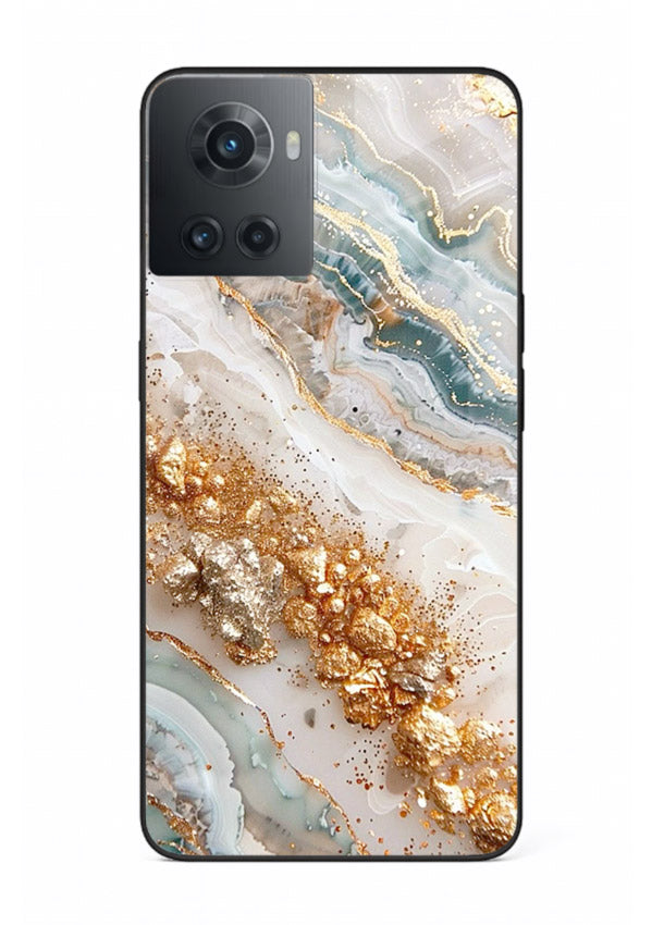 Smoky Gold Burst OnePlus 10R glass back cover with smoky marble and gold bursts