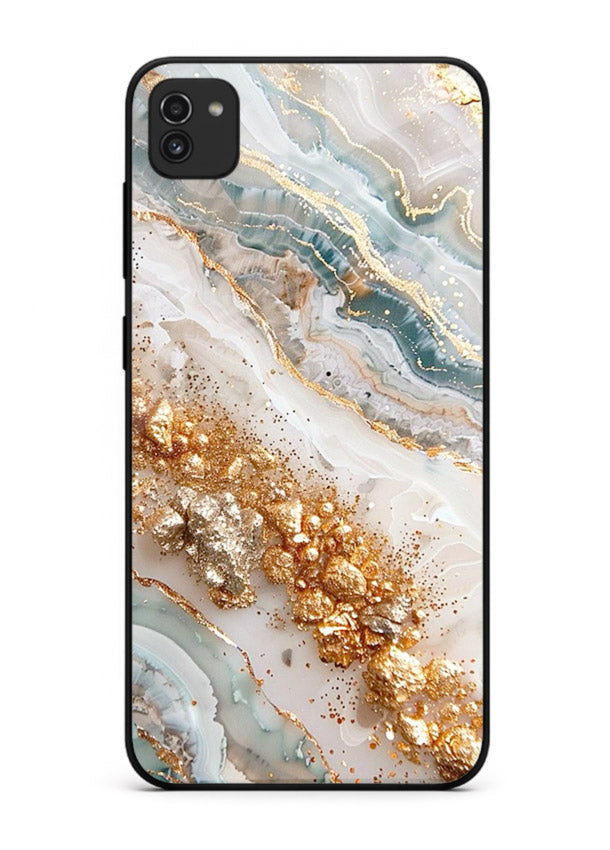 Smoky Gold Burst Samsung A03 glass back cover with smoky marble and gold bursts